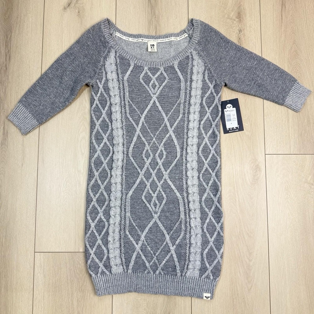 Roxy Water Loon Tunic Sweater Dress M Gray Cable Knit 3/4 Sleeve NWT Acrylic Y2K
